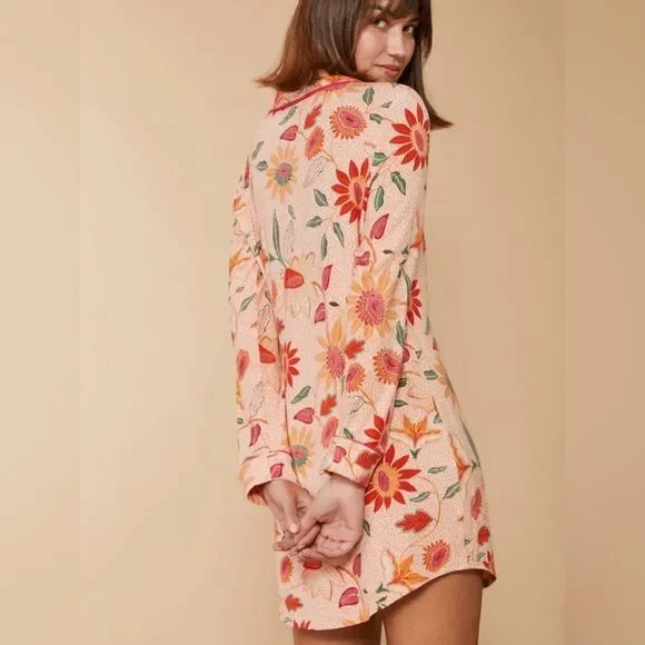 Spartina 449 XXS Botanic Garden Peach Pink Boho Floral Long Sleeve Sleep Shirt - Picture 2 of 16